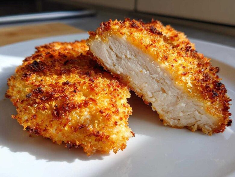 Close-up of Air Fryer Crispy Parmesan Chicken Cutlets, showing a golden, crunchy crust and moist white interior.