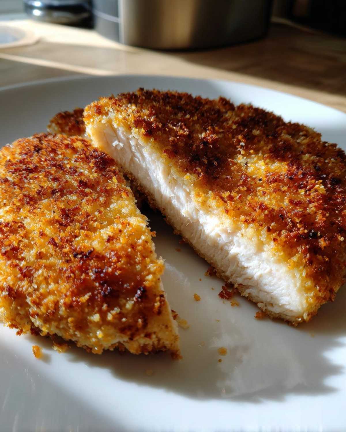 Close-up of Air Fryer Crispy Parmesan Chicken Cutlets cut in half, showing juicy white meat and golden brown crust.