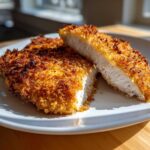 Cross-section view showing the juicy white interior of Air Fryer Crispy Parmesan Chicken Cutlets with a golden, crunchy exterior.