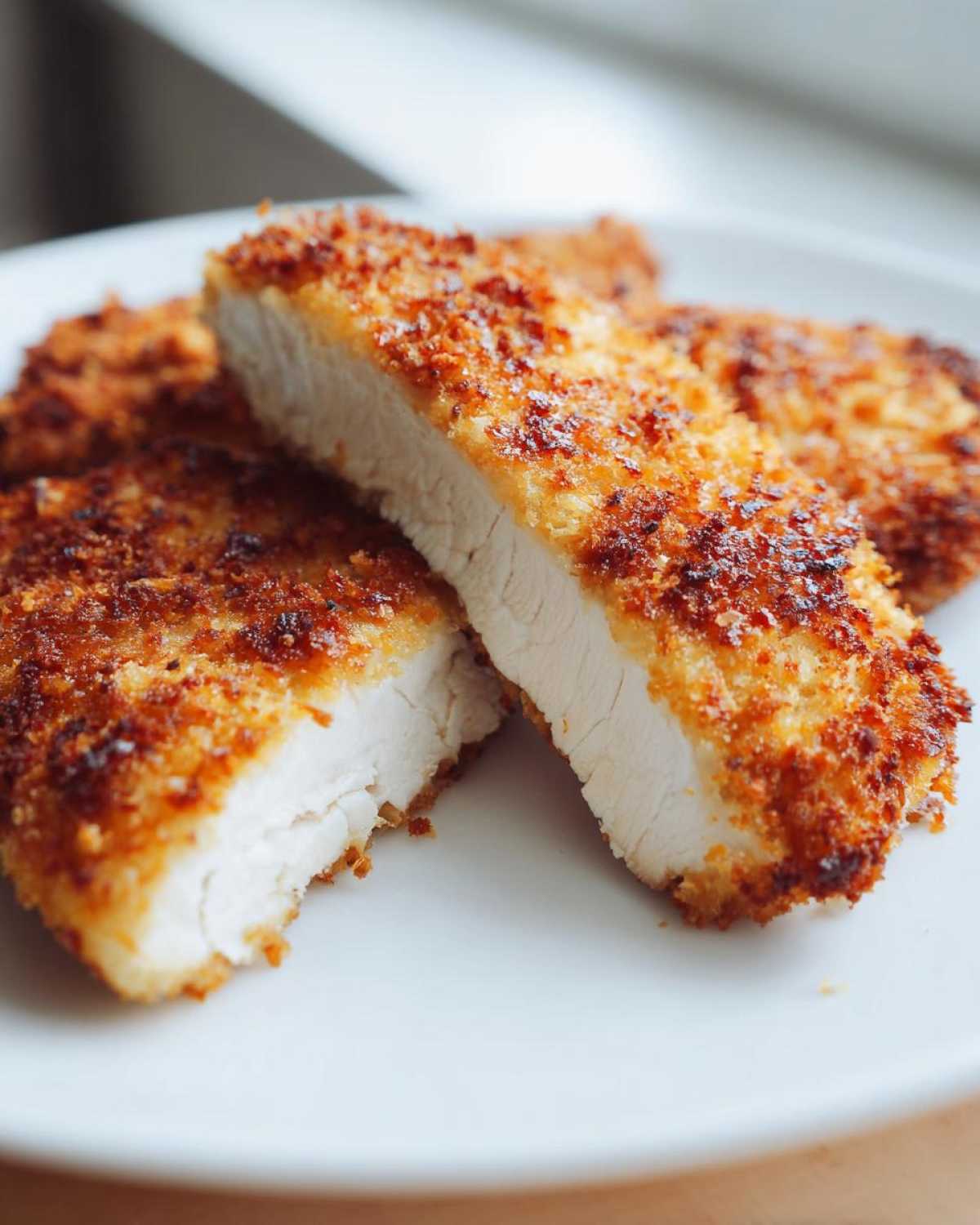 Close-up of Air Fryer Crispy Parmesan Chicken Cutlets, showing the juicy white interior and golden, crunchy coating.