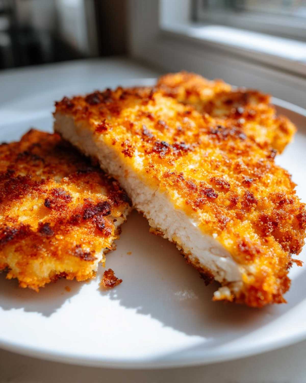 Close-up of Air Fryer Crispy Parmesan Chicken Cutlets, showing the golden brown, crispy exterior and juicy white interior.
