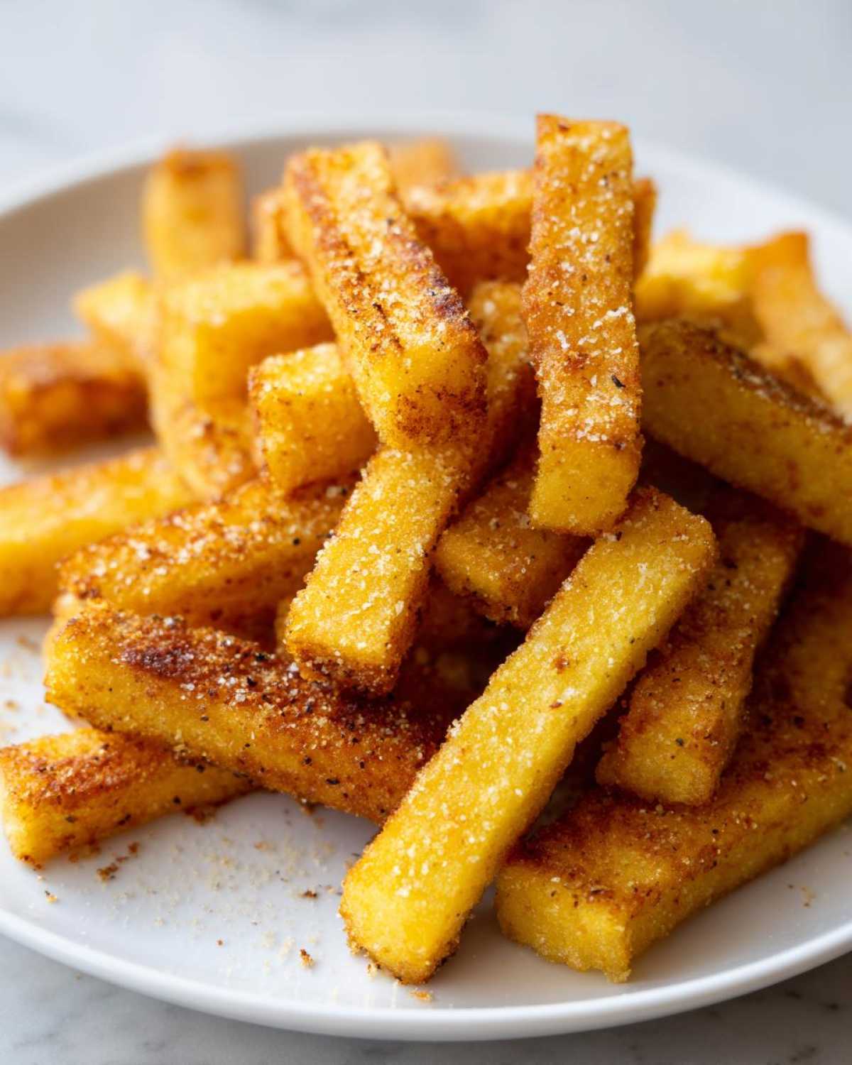A close-up of golden, crispy Air Fryer Crispy Polenta Fries piled high on a white plate, dusted with seasonings.