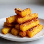 A stack of golden brown Air Fryer Crispy Polenta Fries seasoned with coarse salt and pepper on a white plate.