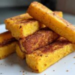 A close-up stack of golden, seasoned Air Fryer Crispy Polenta Fries on a white plate.