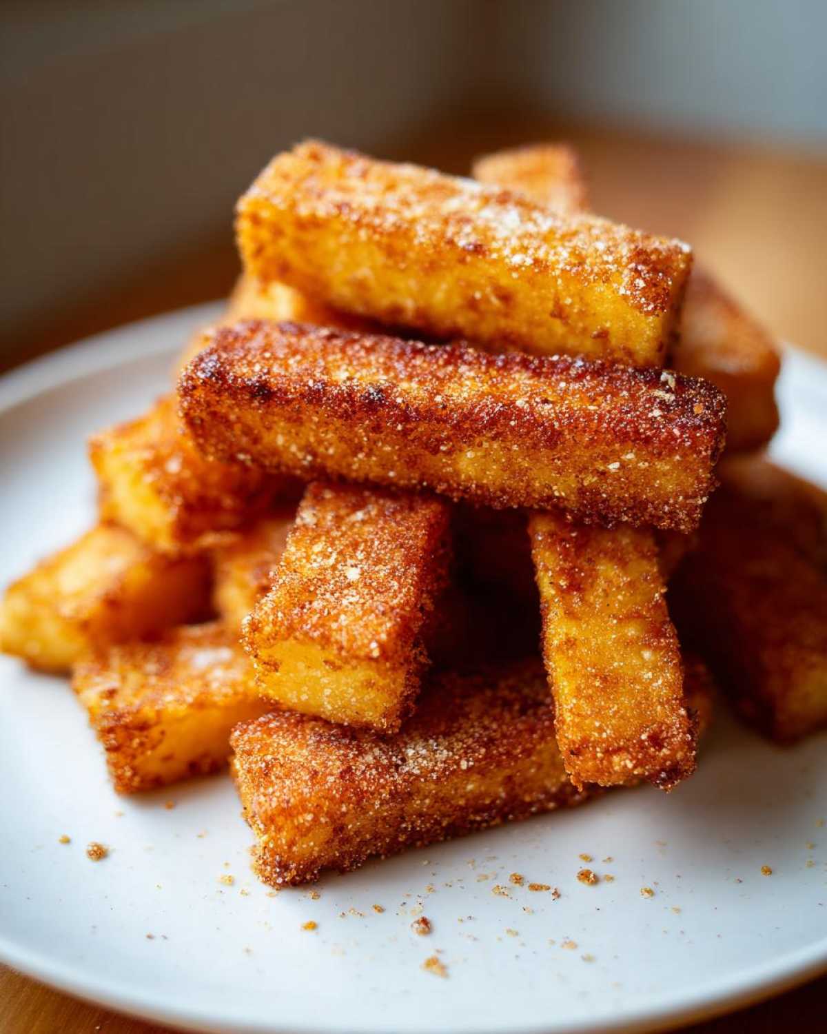A tall stack of golden brown, crispy Air Fryer Crispy Polenta Fries dusted with seasoning on a white plate.