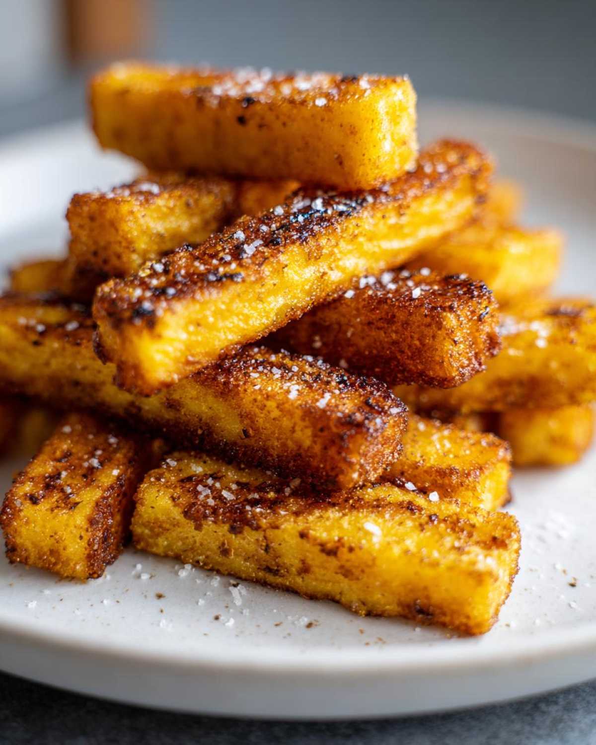 A close-up stack of golden brown Air Fryer Crispy Polenta Fries sprinkled with coarse salt.