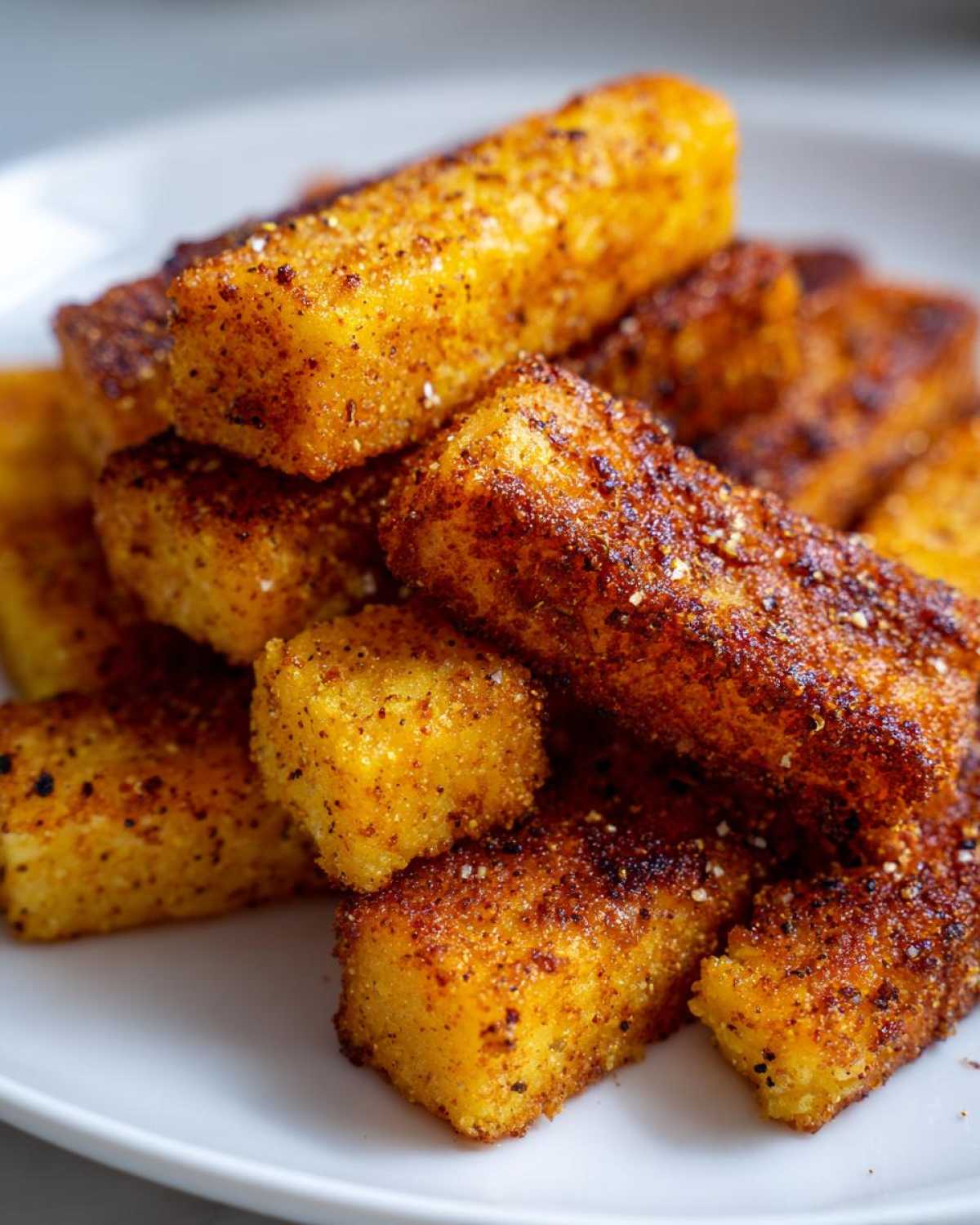 Close-up of a pile of golden yellow Air Fryer Crispy Polenta Fries dusted with dark seasoning on a white plate.