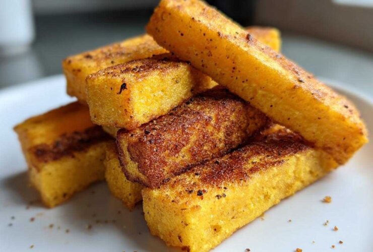 A close-up stack of golden, seasoned Air Fryer Crispy Polenta Fries on a white plate.