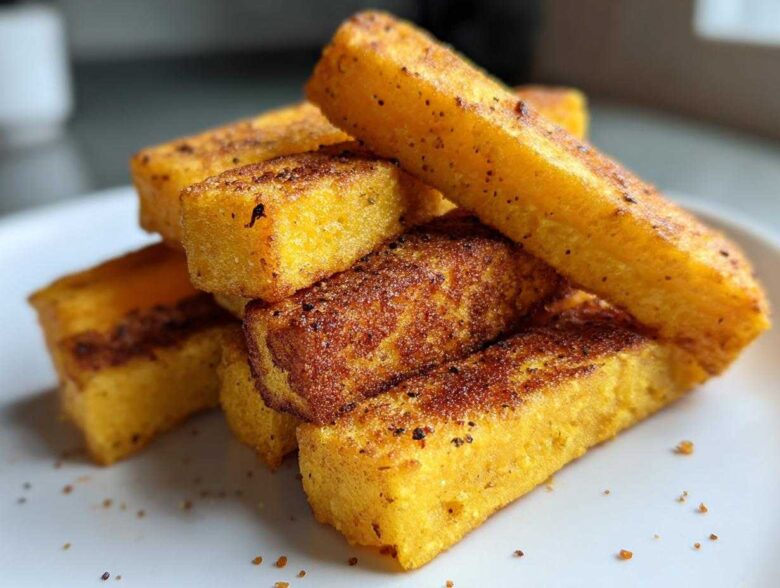 A close-up stack of golden, seasoned Air Fryer Crispy Polenta Fries on a white plate.