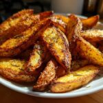 Close-up of golden brown Air Fryer Crispy Rosemary Potato Wedges seasoned with dried rosemary.