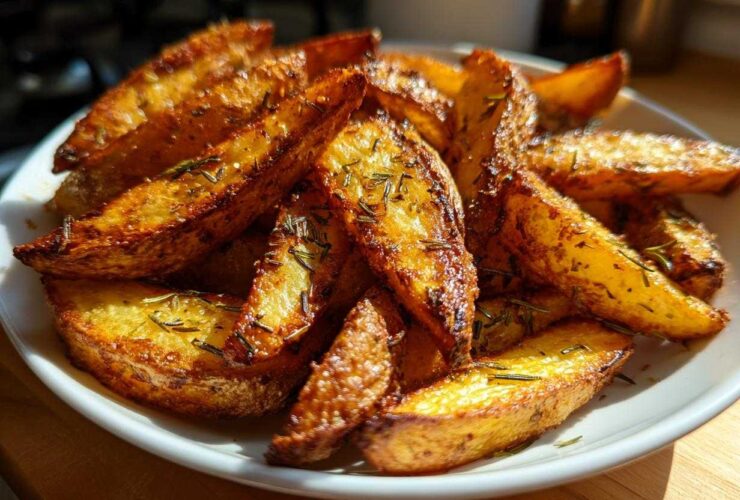 Close-up of golden brown Air Fryer Crispy Rosemary Potato Wedges seasoned with dried rosemary.