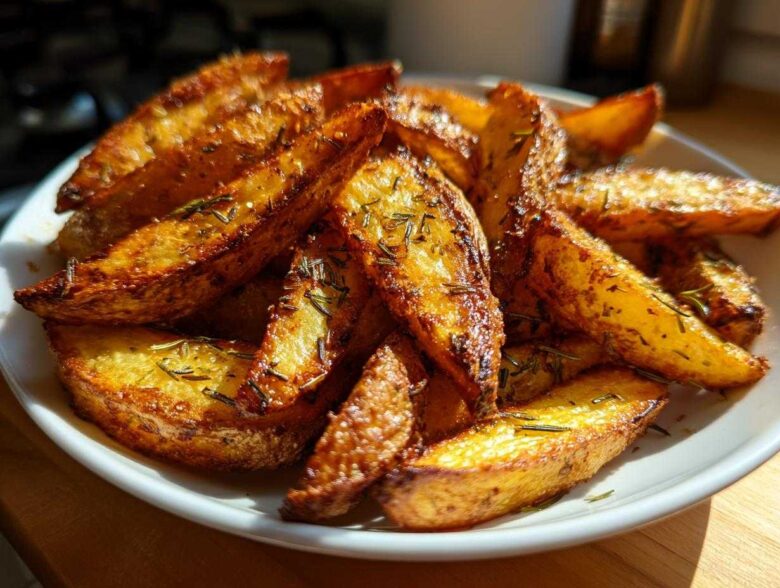Close-up of golden brown Air Fryer Crispy Rosemary Potato Wedges seasoned with dried rosemary.