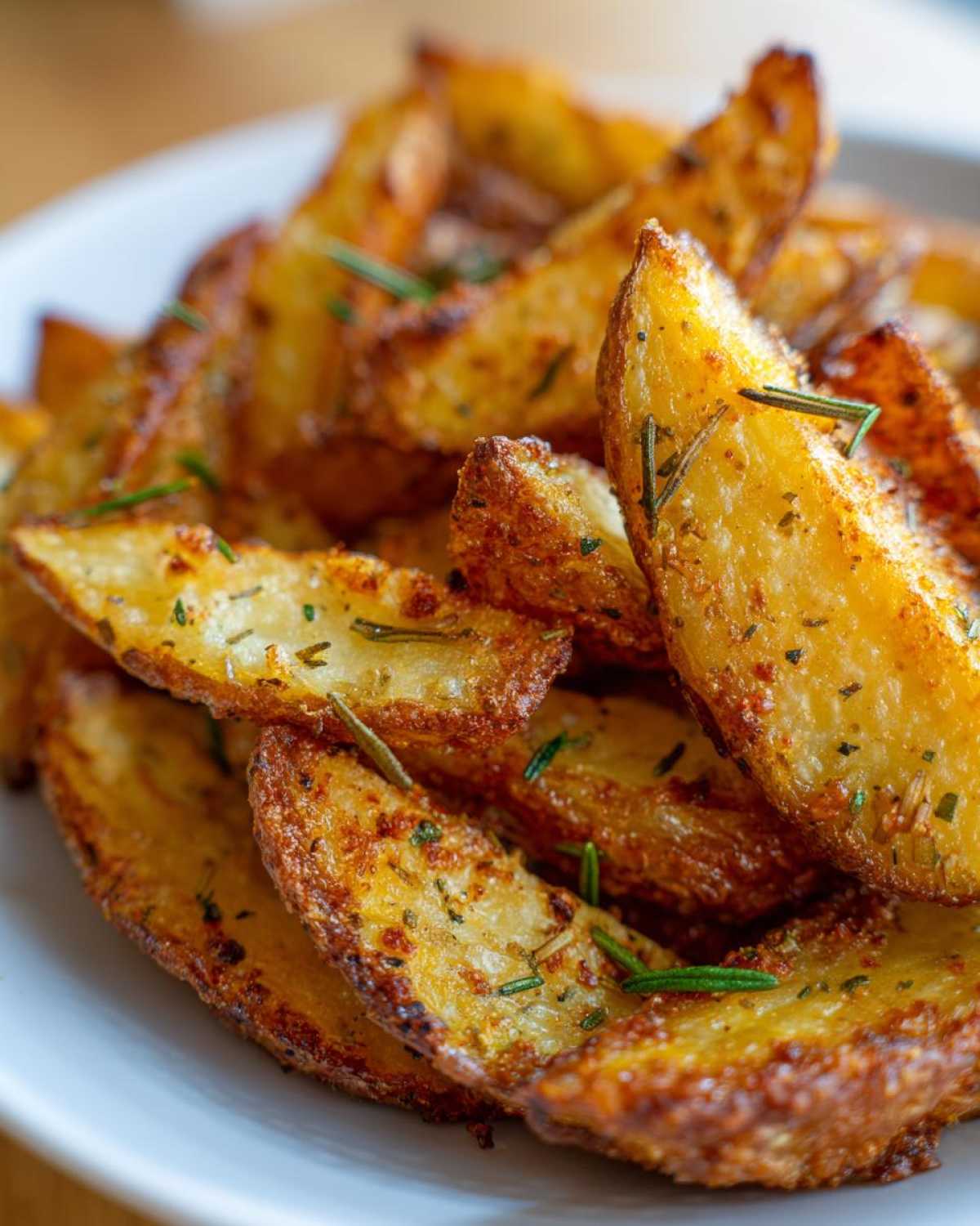 Close-up of golden brown, crispy Air Fryer Crispy Rosemary Potato Wedges seasoned with herbs.