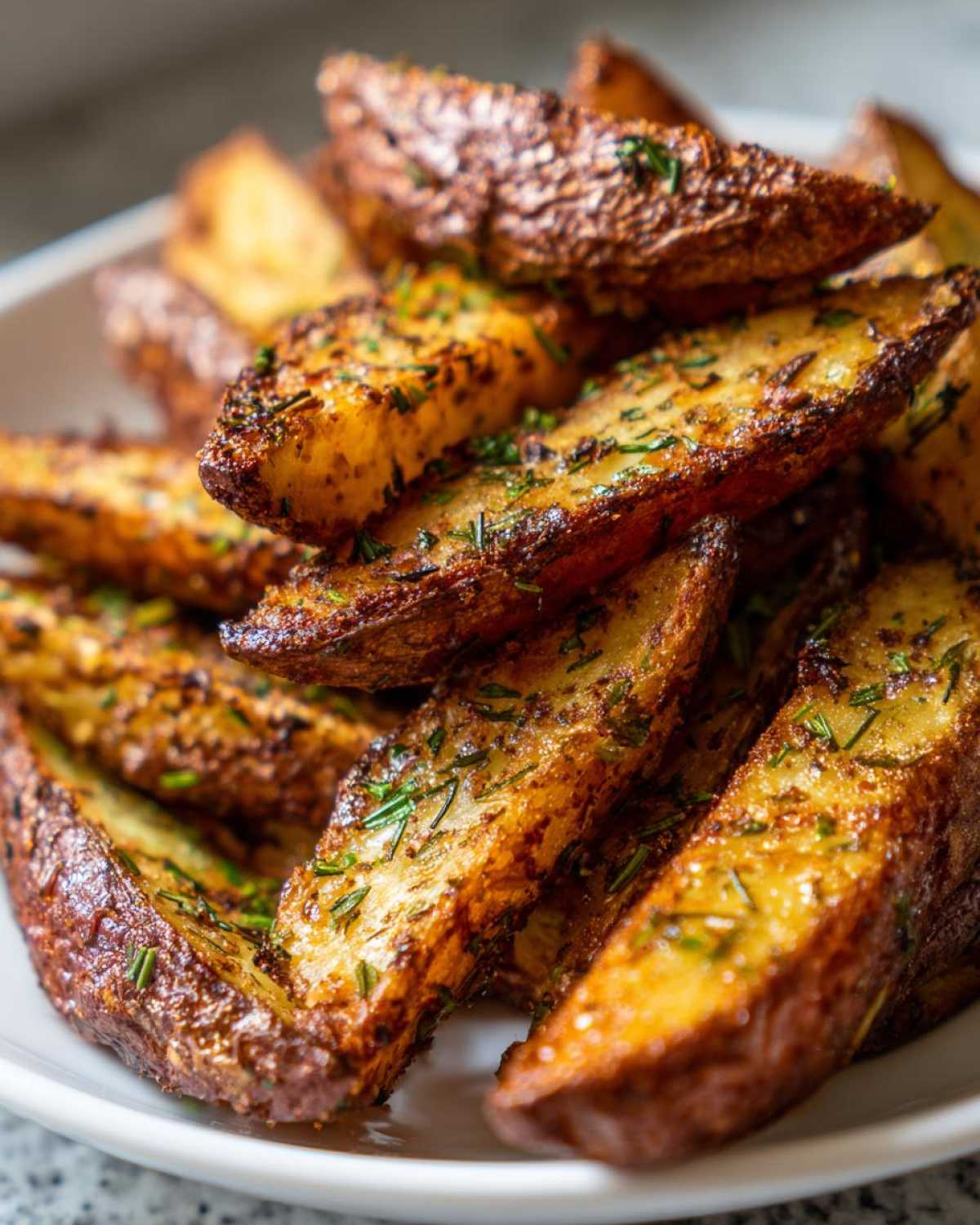 Close-up of golden brown, crispy Air Fryer Crispy Rosemary Potato Wedges seasoned with herbs.