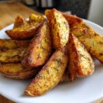 A pile of golden brown, seasoned Air Fryer Crispy Rosemary Potato Wedges served on a white plate.