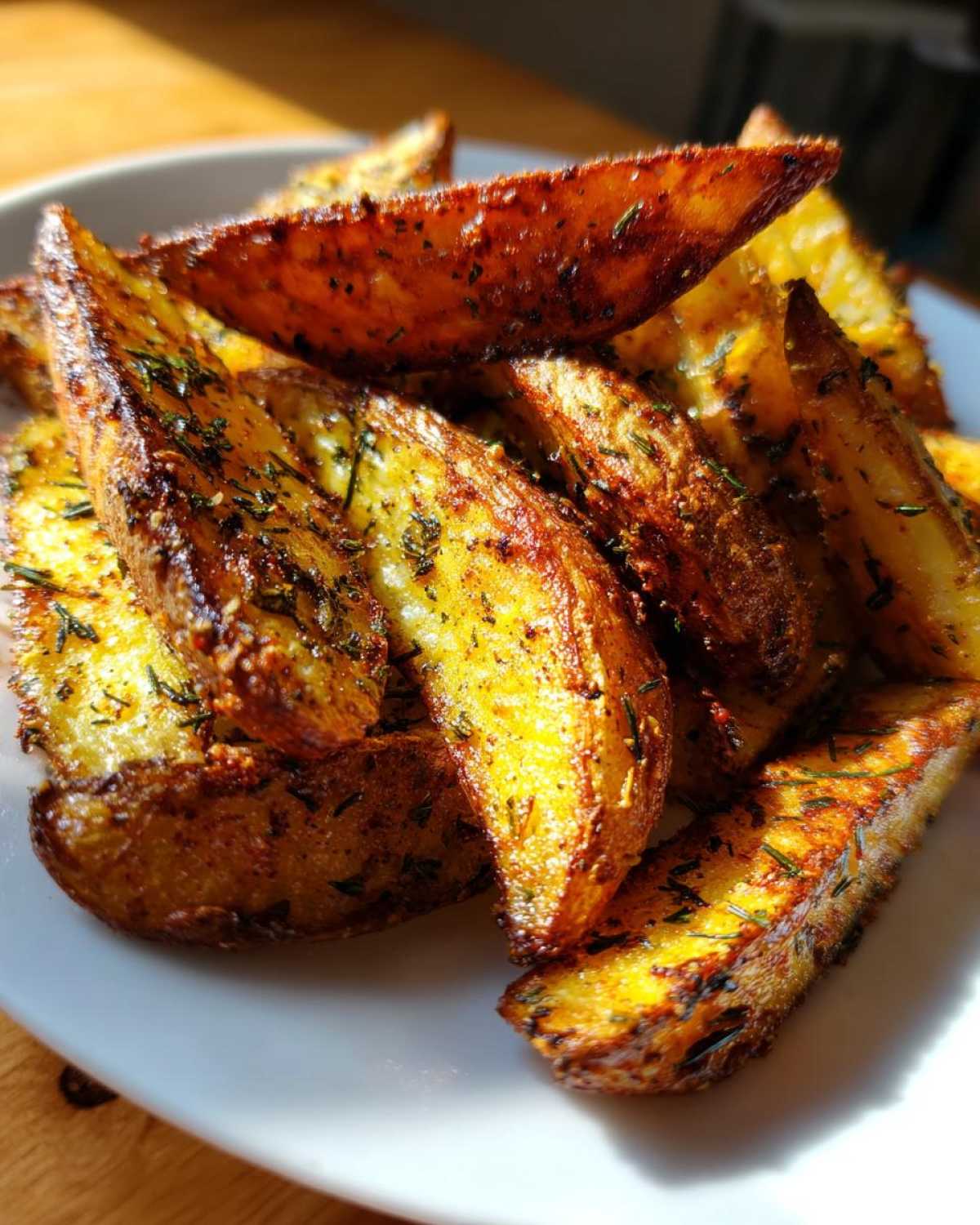 Close-up of golden brown Air Fryer Crispy Rosemary Potato Wedges seasoned with herbs.