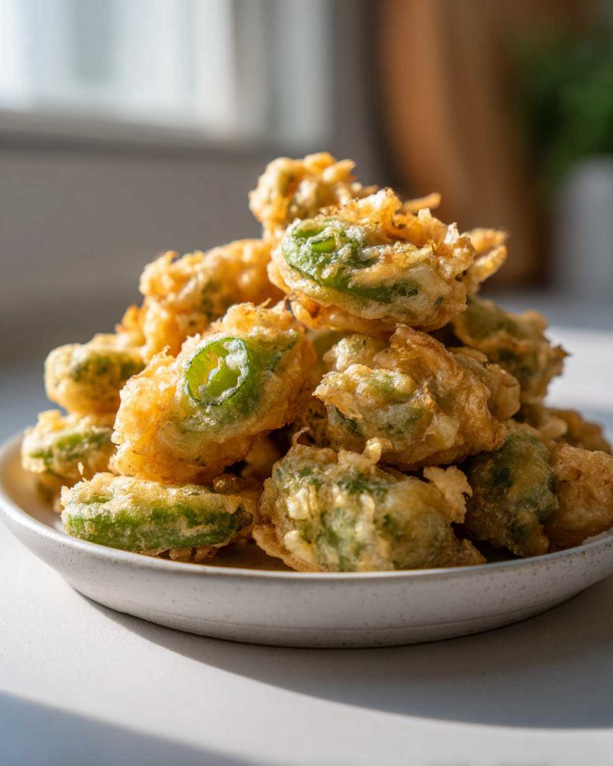 A mound of golden, crispy Air Fryer Crispy Tempura Green Beans piled high on a small white plate.