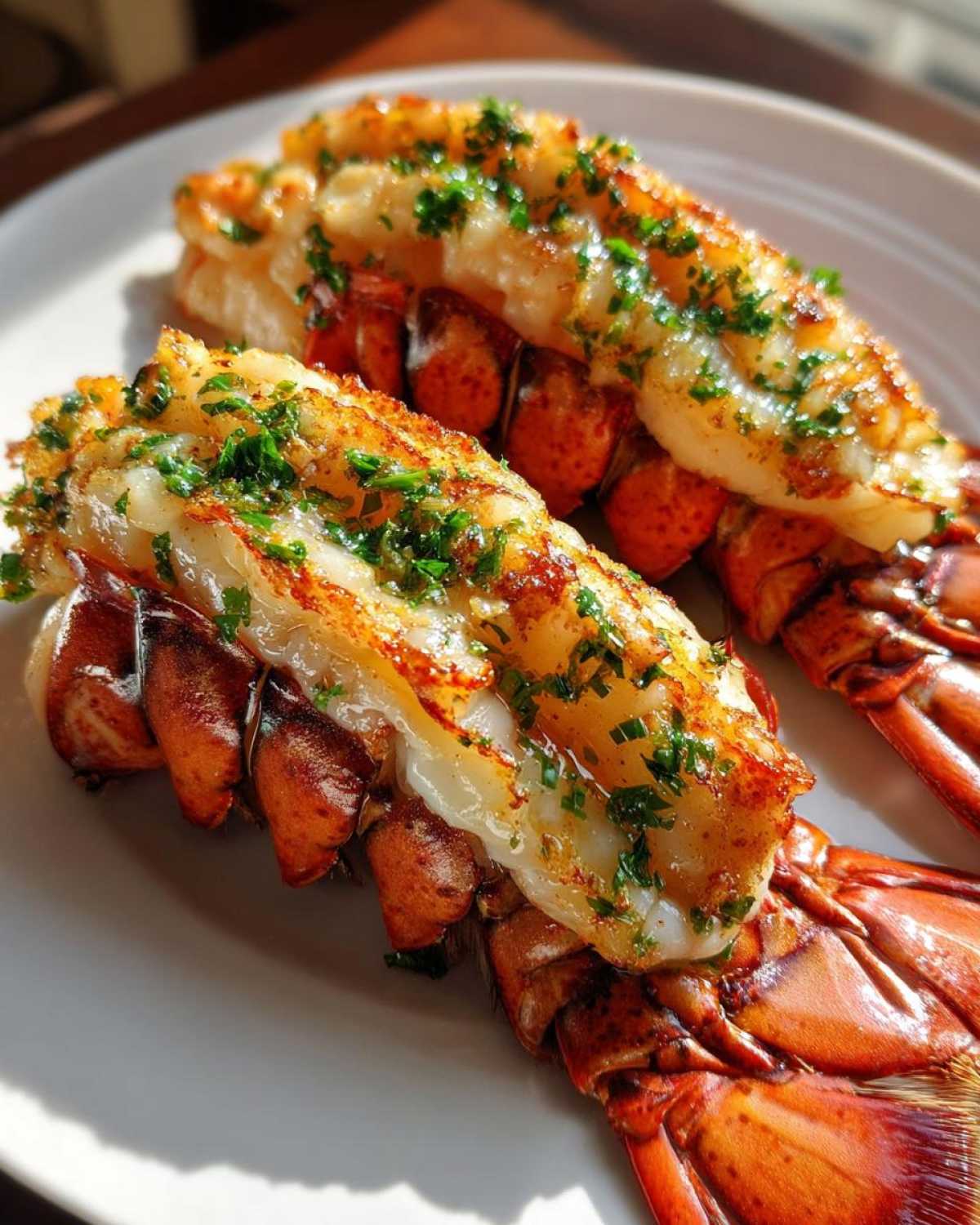 Two perfectly cooked Air Fryer Garlic Butter Lobster Tails, split and topped with melted butter and fresh parsley.