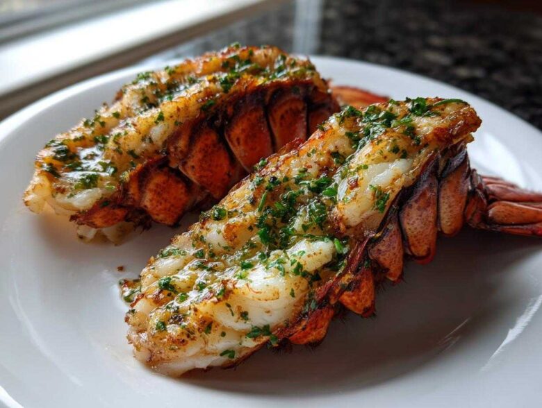 Two perfectly cooked Air Fryer Garlic Butter Lobster Tails, split and topped with melted butter and fresh parsley.