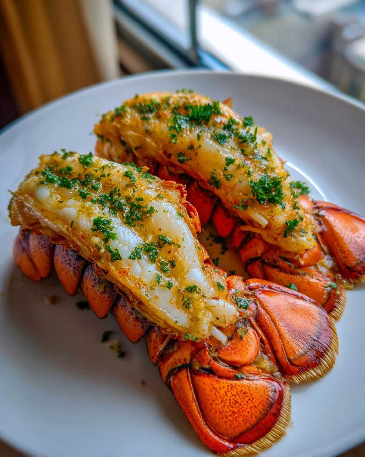 Close-up of two cooked Air Fryer Garlic Butter Lobster Tails, split open and topped with melted butter and fresh parsley.