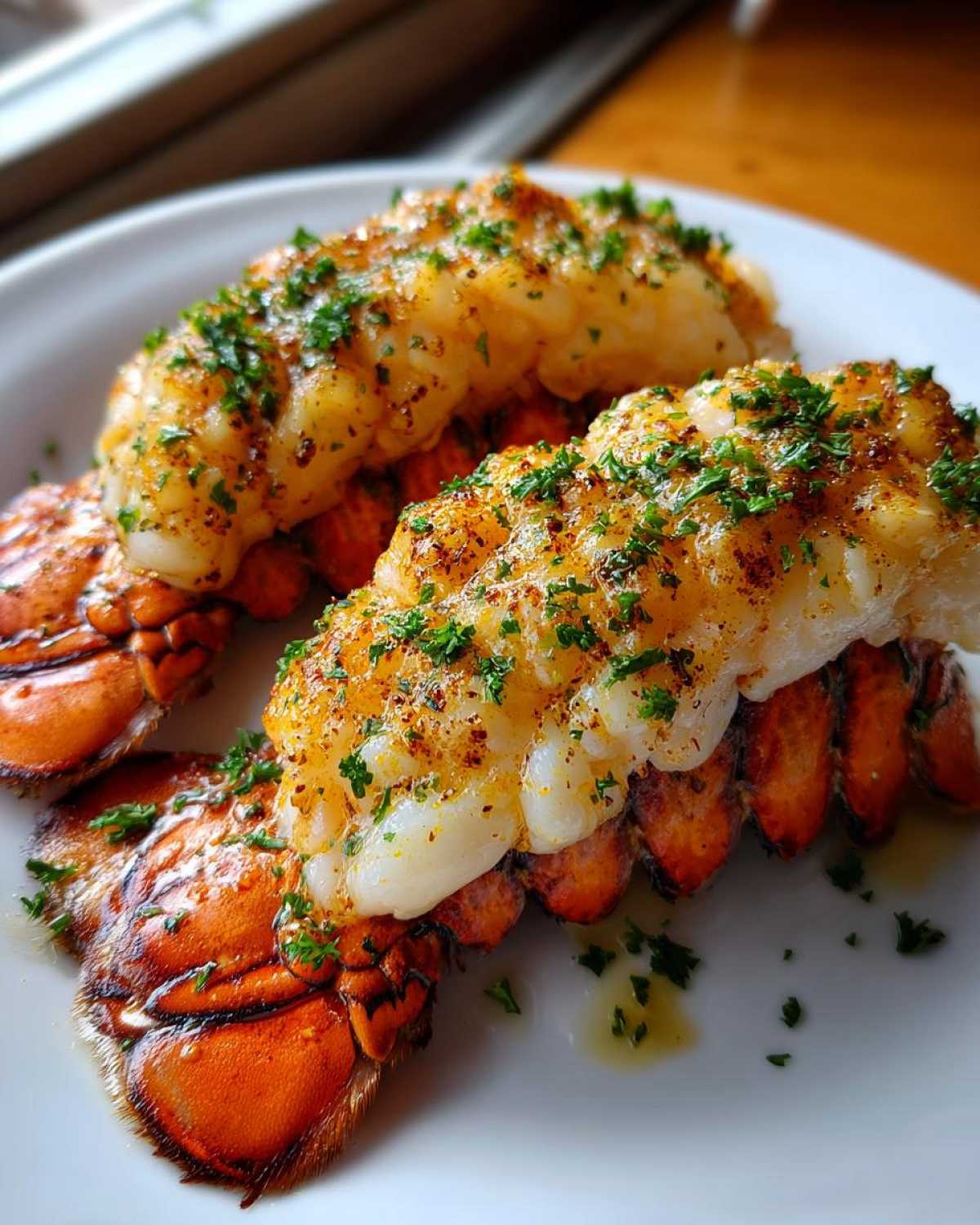 Two perfectly cooked Air Fryer Garlic Butter Lobster Tails topped with herbs on a white plate.