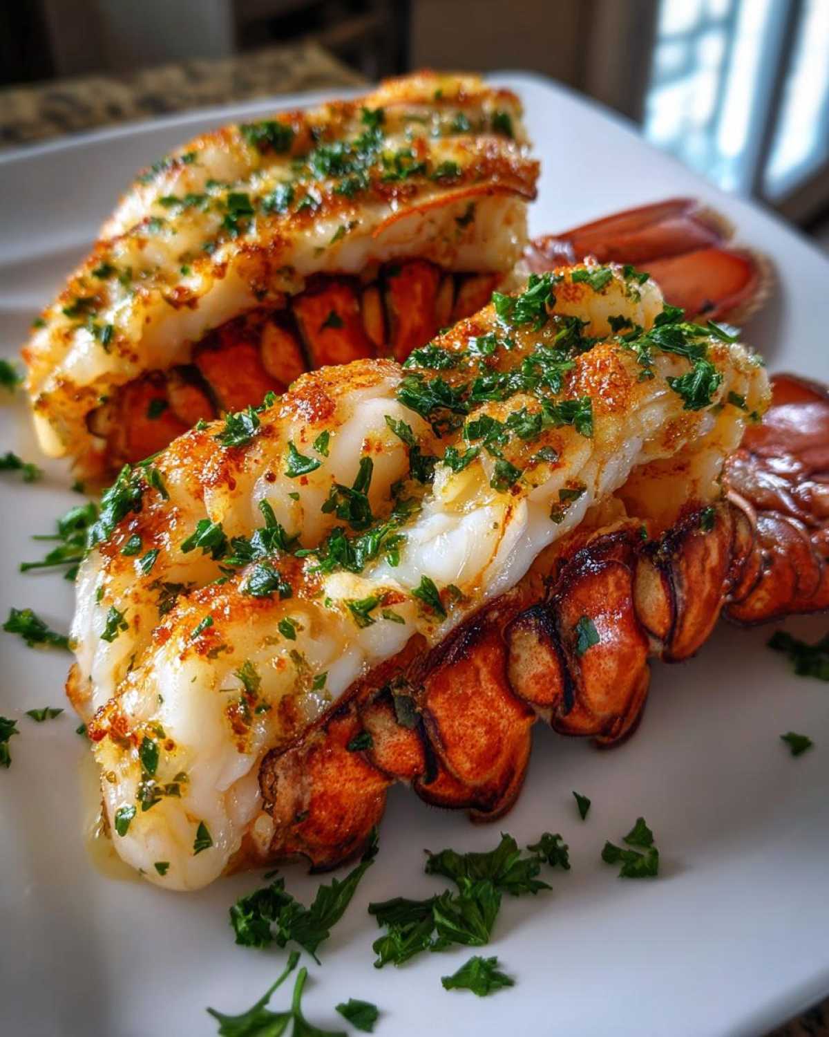 Two perfectly cooked Air Fryer Garlic Butter Lobster Tails, split and topped with melted butter and fresh parsley.