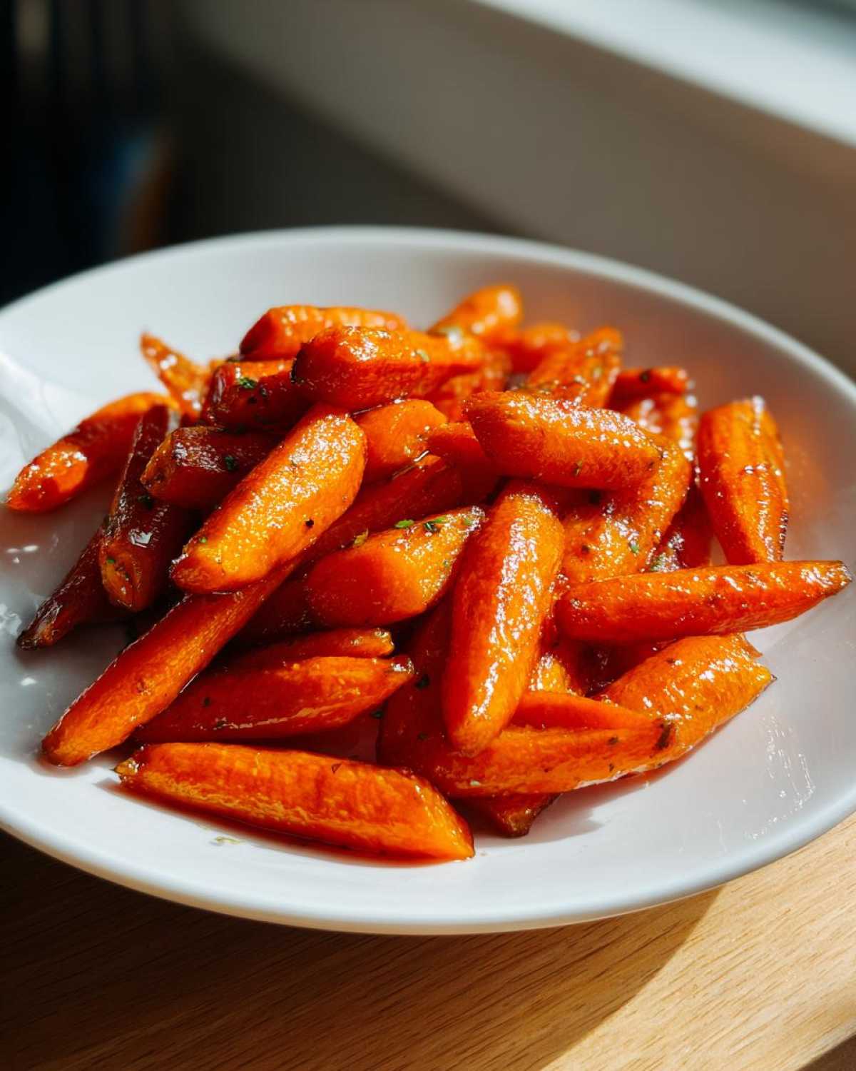 Close-up of glossy Air Fryer Maple Glazed Carrots served in a white bowl, glistening with glaze.