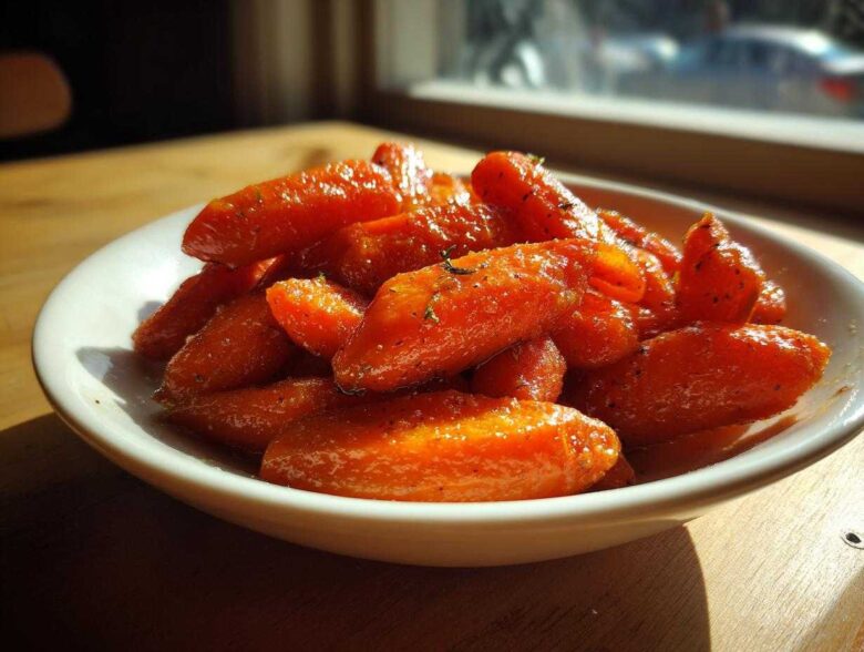 A close-up of glossy Air Fryer Maple Glazed Carrots piled in a white bowl, seasoned with herbs.