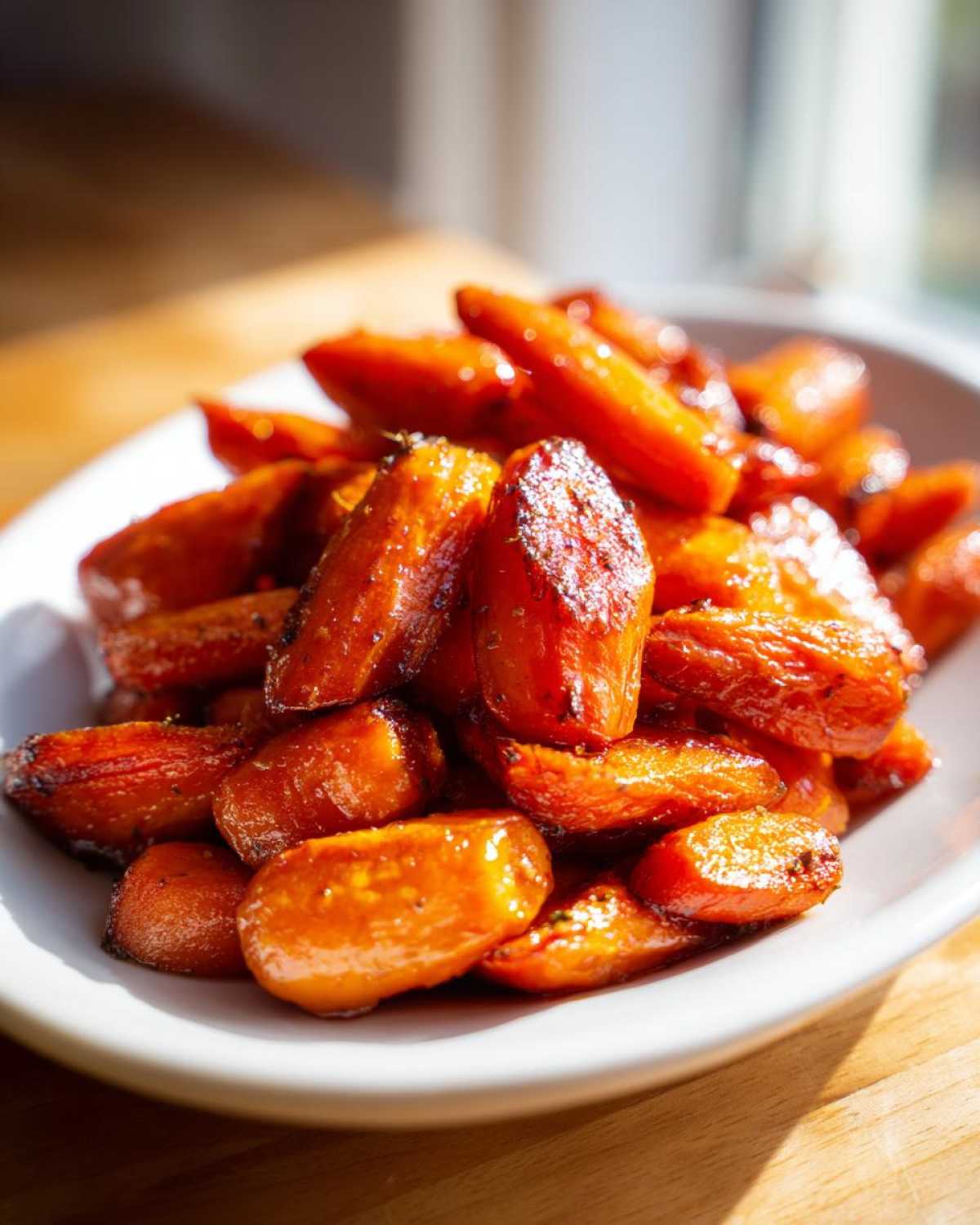 Close-up of shiny, caramelized Air Fryer Maple Glazed Carrots piled high on a white plate.