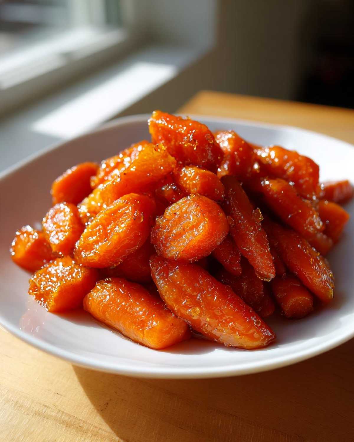 A close-up of glossy Air Fryer Maple Glazed Carrots piled high on a white plate, catching sunlight.