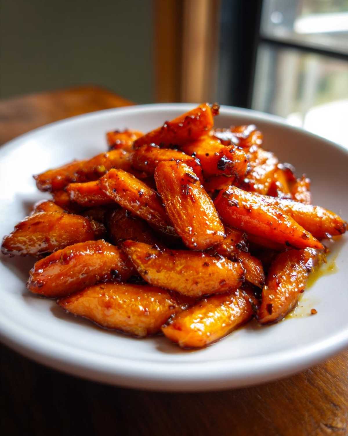 Close-up of glossy, caramelized Air Fryer Maple Glazed Carrots piled high on a white plate.