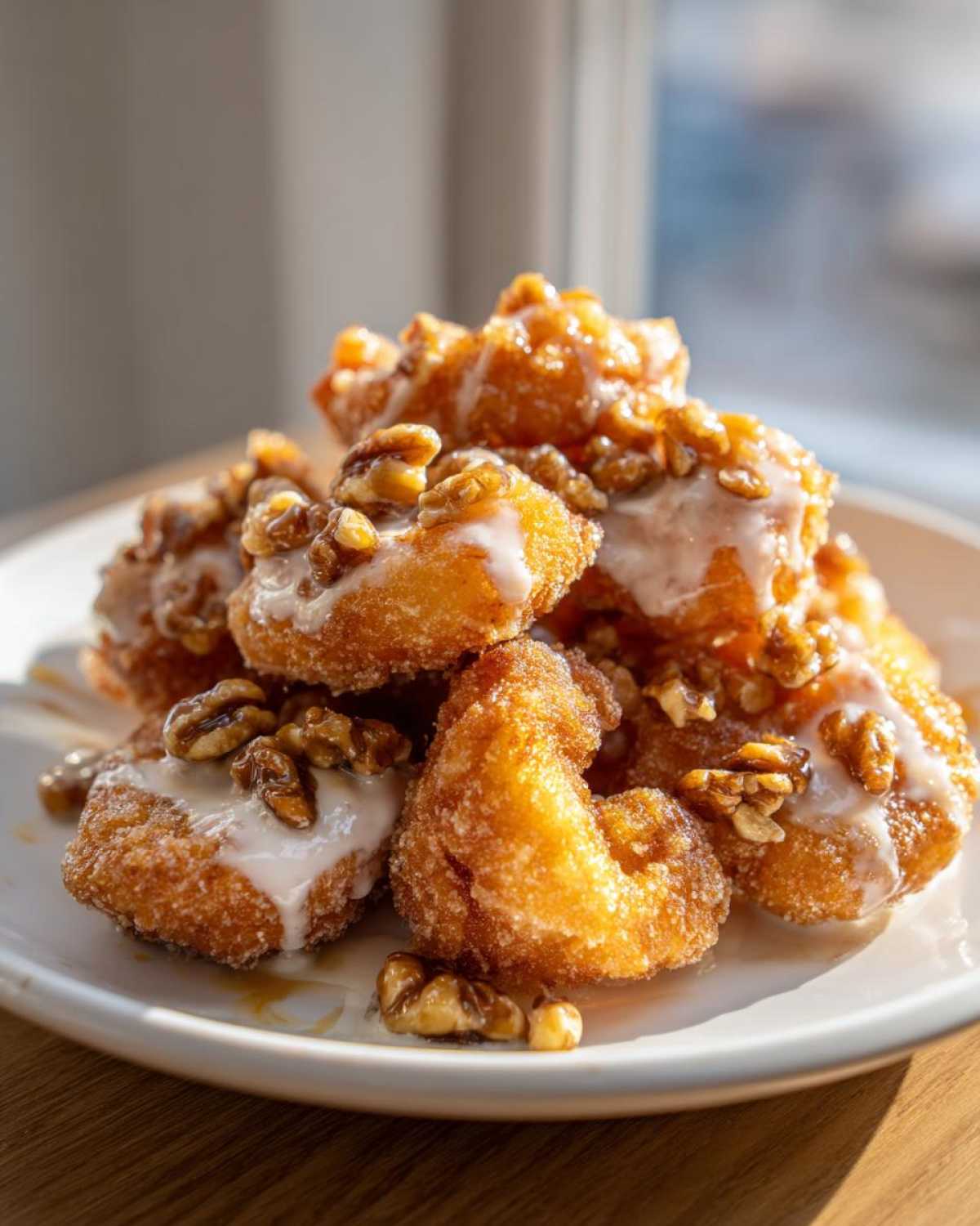 Close-up of candied walnuts, similar to those used in Copycat Panda Express Honey Walnut Shrimp, drizzled with glaze.