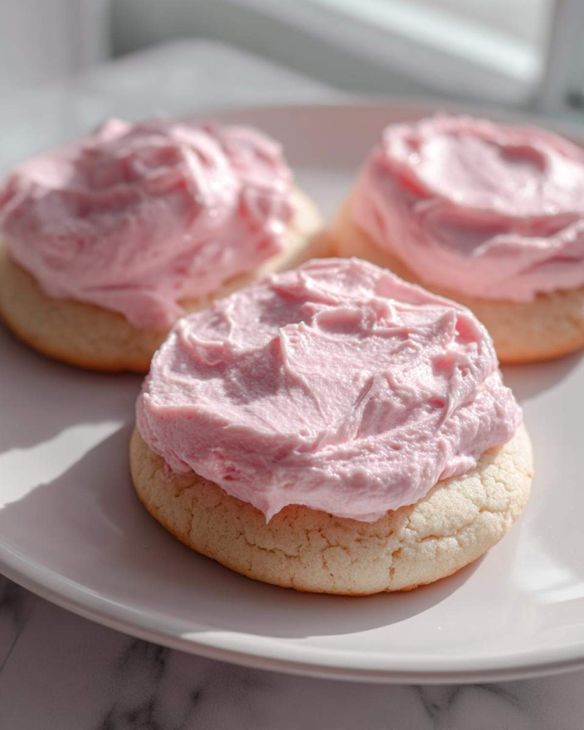 Three soft, thick Copycat Crumbl Sugar Cookies topped with generous swirls of fluffy pink frosting on a white plate.