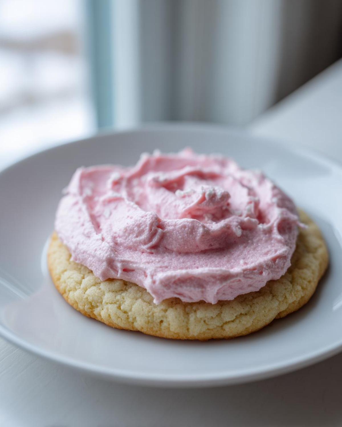 A single Copycat Crumbl Sugar Cookie with thick, swirled pink frosting sitting on a white plate.