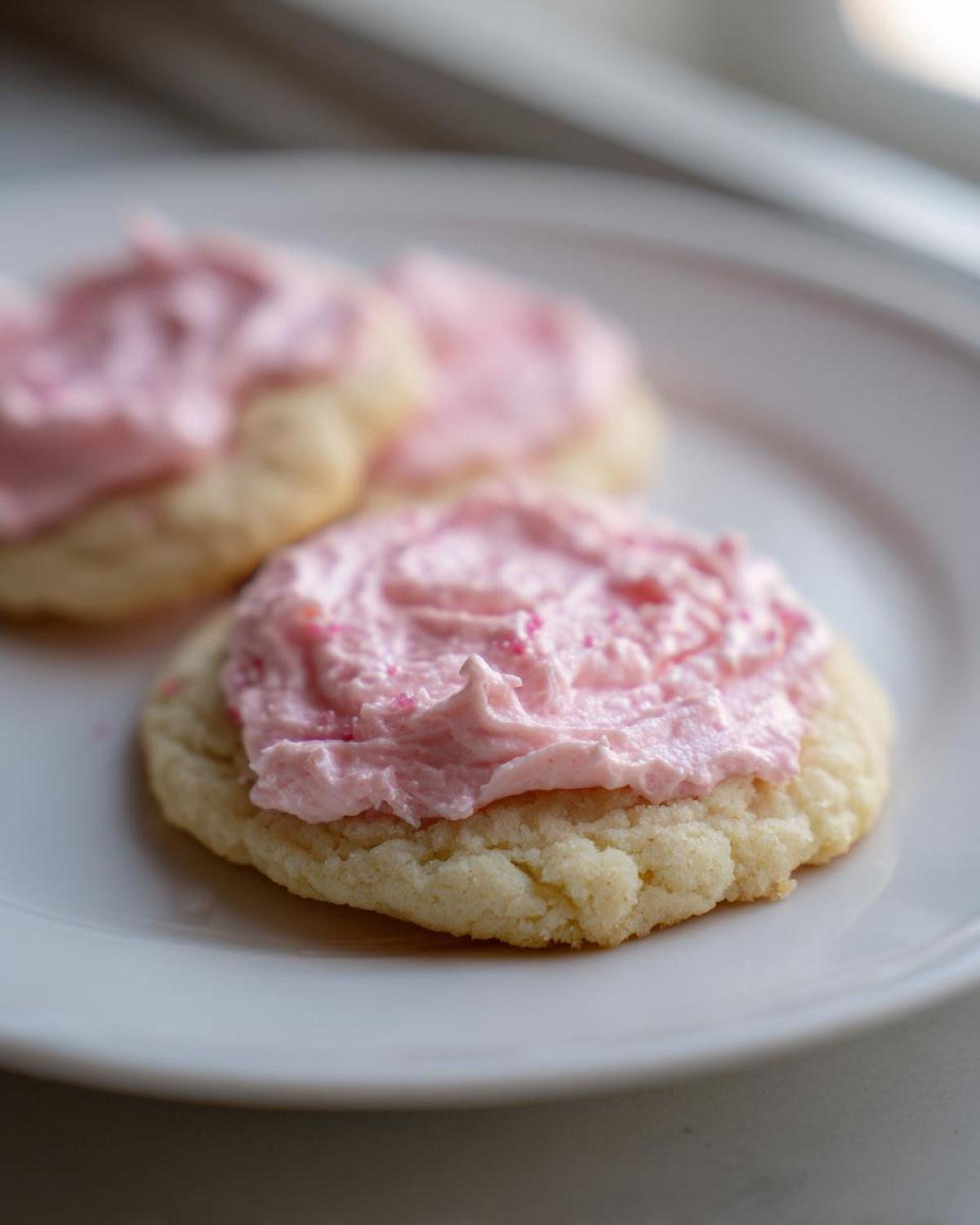 Close-up of a thick Copycat Crumbl Sugar Cookie with generous pink frosting and sprinkles on a white plate.