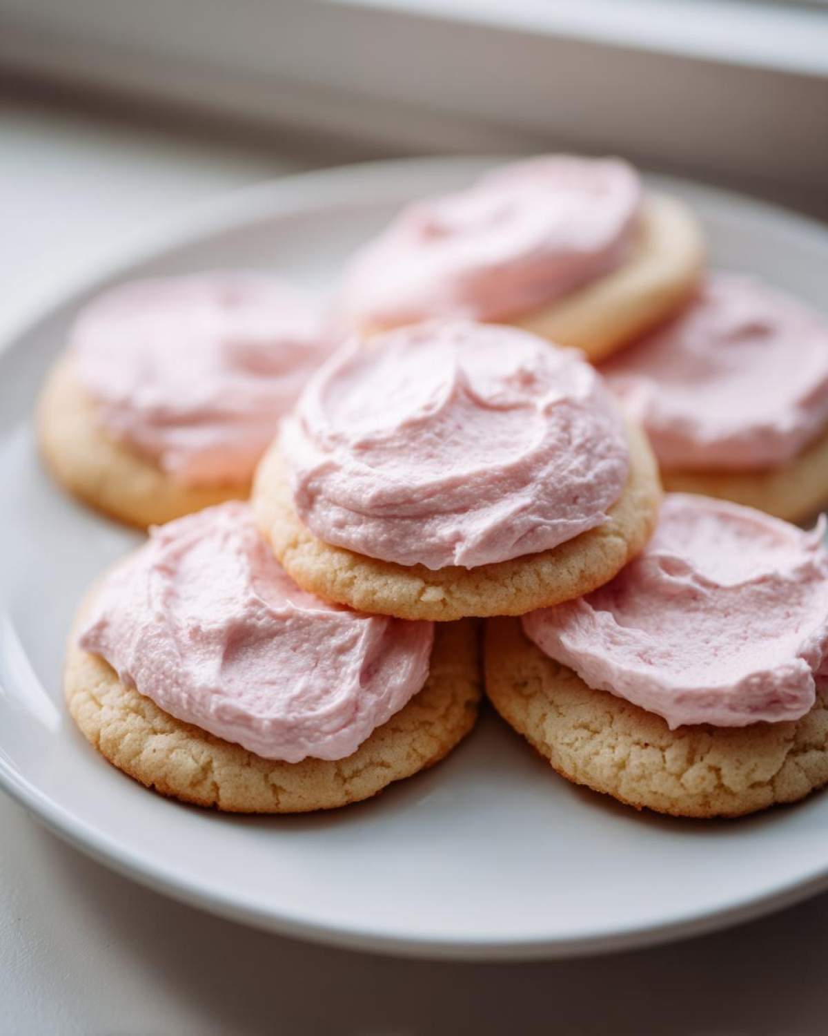 A stack of Copycat Crumbl Sugar Cookie with Pink Frosting piled on a white plate.