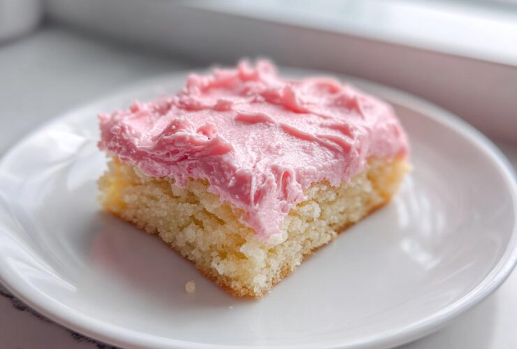 Close-up of a square slice of Copycat Crumbl Sugar Cookie with thick, bright pink frosting.