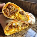 Close-up of a Copycat Dunkin' Wake-Up Wrap cut in half, showing sausage, scrambled eggs, and melted cheese.