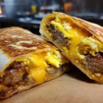 A cross-section of a Copycat Dunkin' Wake-Up Wrap showing sausage, scrambled eggs, and melted cheese inside a grilled tortilla.
