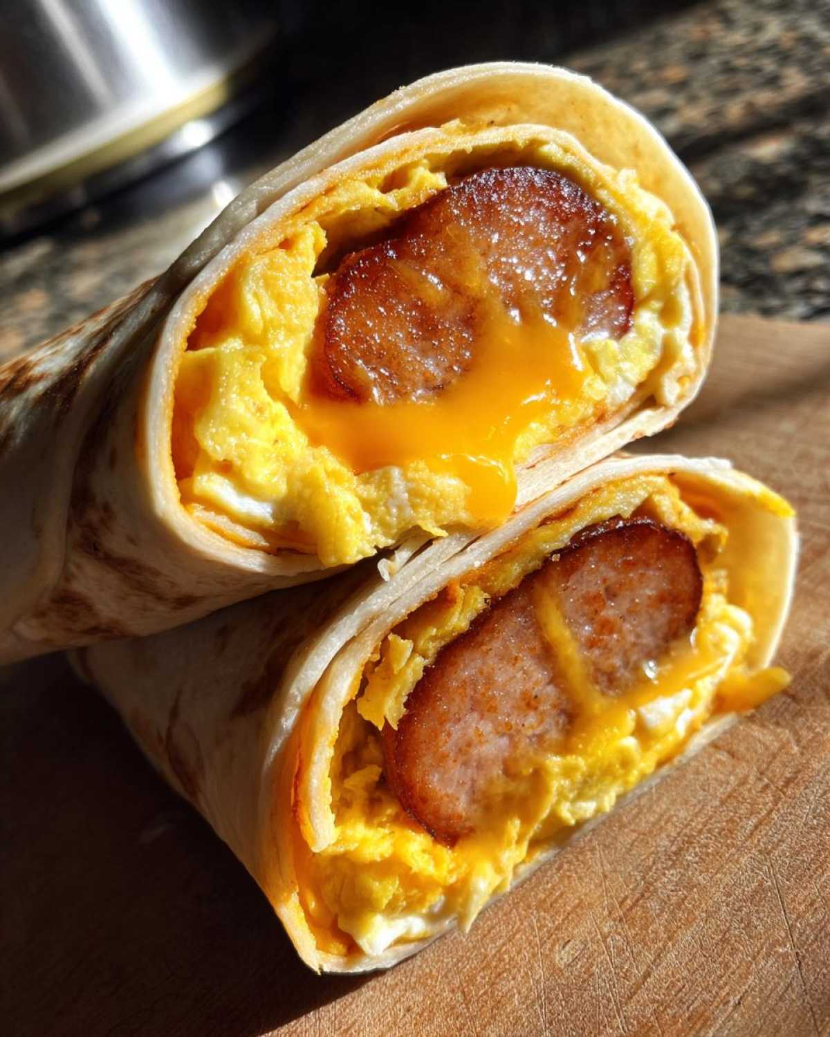Cross-section of a Copycat Dunkin' Wake-Up Wrap showing sausage, scrambled eggs, and melted cheese.
