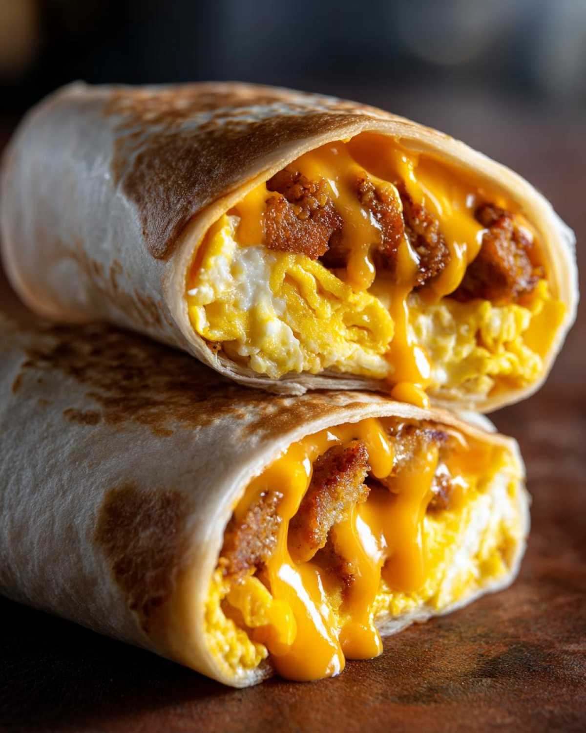 A cross-section of a Copycat Dunkin' Wake-Up Wrap showing fluffy eggs, sausage, and melted cheese.