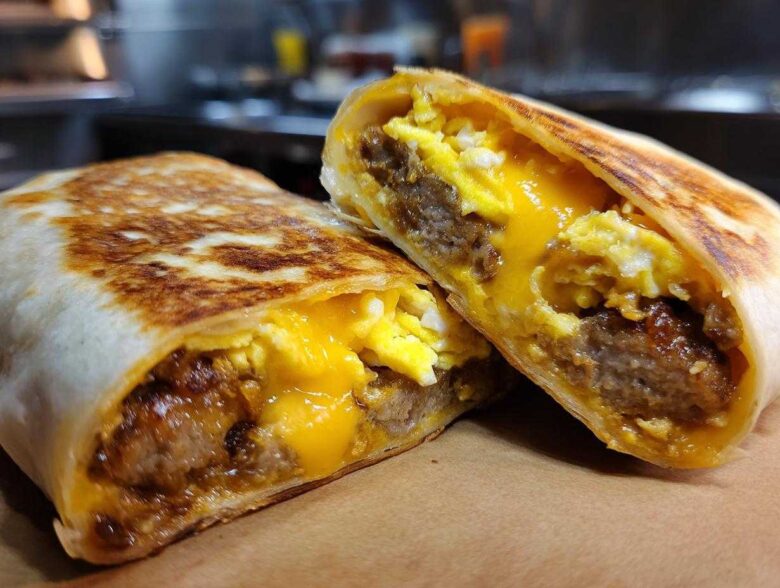 A cross-section of a Copycat Dunkin' Wake-Up Wrap showing sausage, scrambled eggs, and melted cheese inside a grilled tortilla.