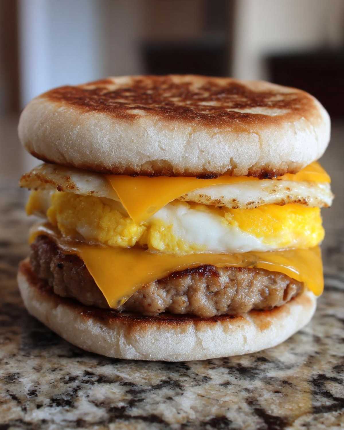 A tall, assembled Copycat McDonald's Sausage Egg McMuffin with toasted English muffin, sausage, egg, and melted cheese.
