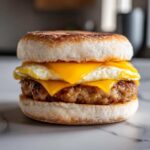 A close-up, appetizing photo of a Copycat McDonald's Sausage Egg McMuffin on a marble surface.