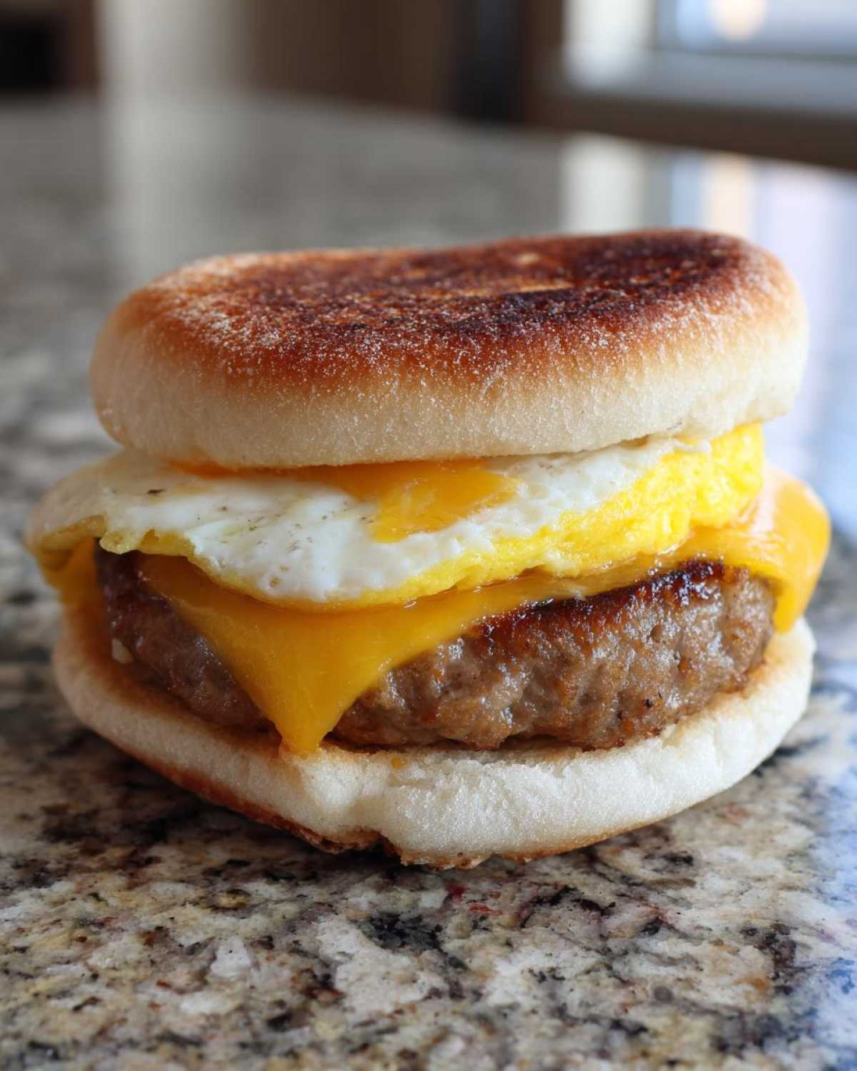 A homemade Copycat McDonald's Sausage Egg McMuffin featuring a toasted English muffin, sausage patty, melted cheese, and egg.