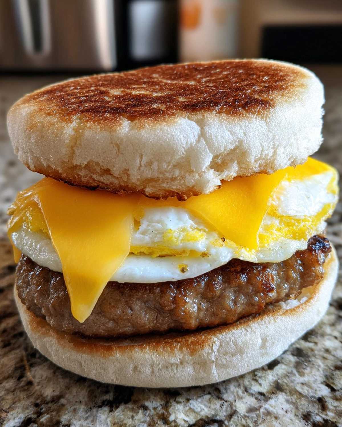 A close-up of a homemade Copycat McDonald's Sausage Egg McMuffin with melted cheese, egg, and sausage on a toasted English muffin.