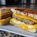 Close-up of a Copycat McDonald's Sausage Egg McMuffin, cut in half, showing sausage, egg, and melted cheese on an English muffin.