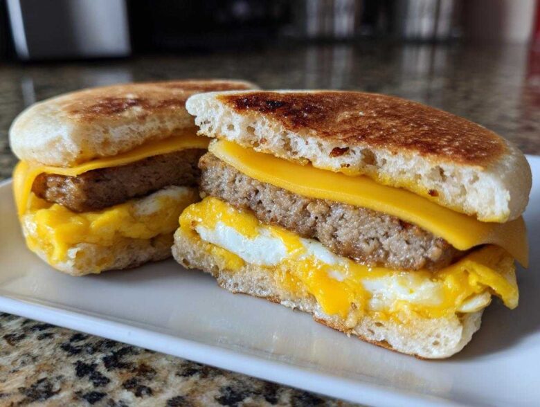 Close-up of a Copycat McDonald's Sausage Egg McMuffin, cut in half, showing sausage, egg, and melted cheese on an English muffin.