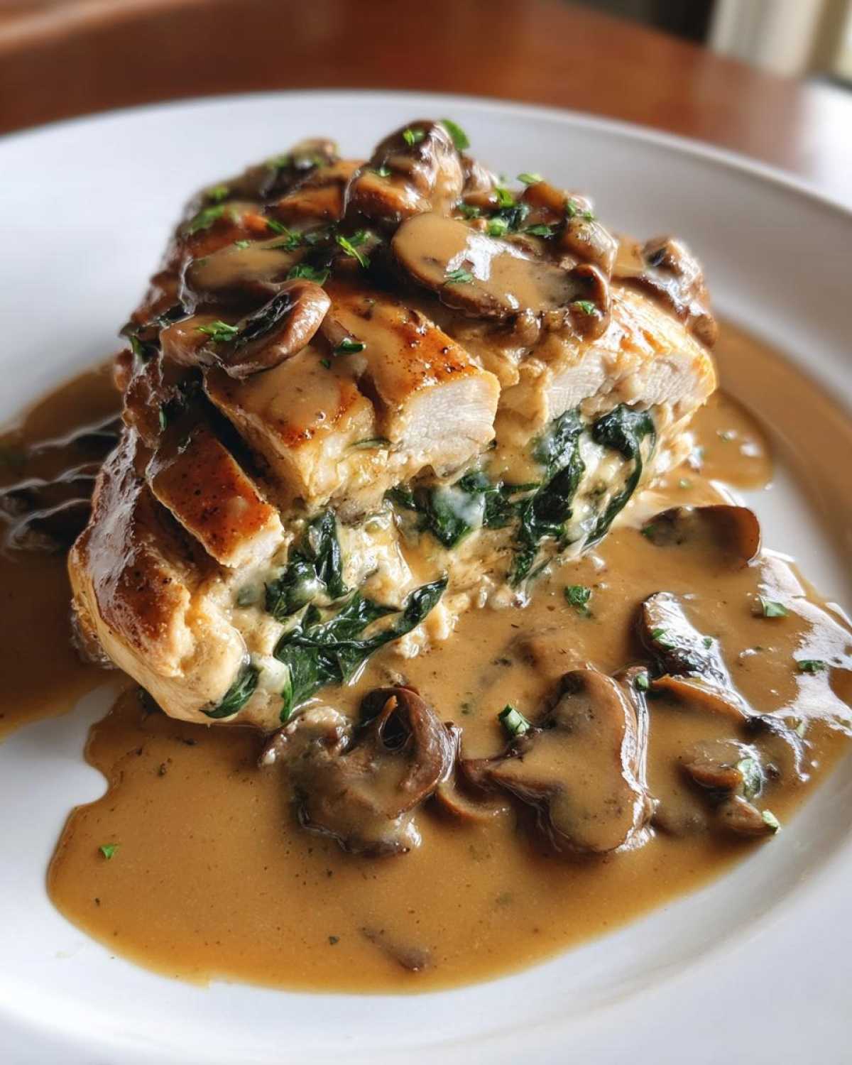 Cross-section of Copycat Olive Garden Stuffed Chicken Marsala topped with mushroom sauce.