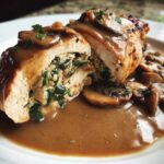 Close-up of Copycat Olive Garden Stuffed Chicken Marsala, cut in half showing spinach filling, covered in mushroom sauce.
